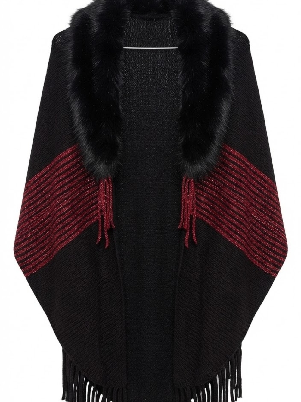 Black and Burgundy Faux Fur-Trim Knit Poncho Sweater
